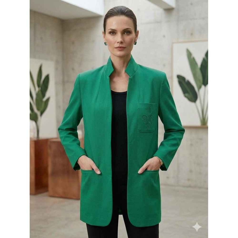 VTG Nordstrom Town Square Green 100% Wool Blazer Embroidered Crest Jacket Size 6
